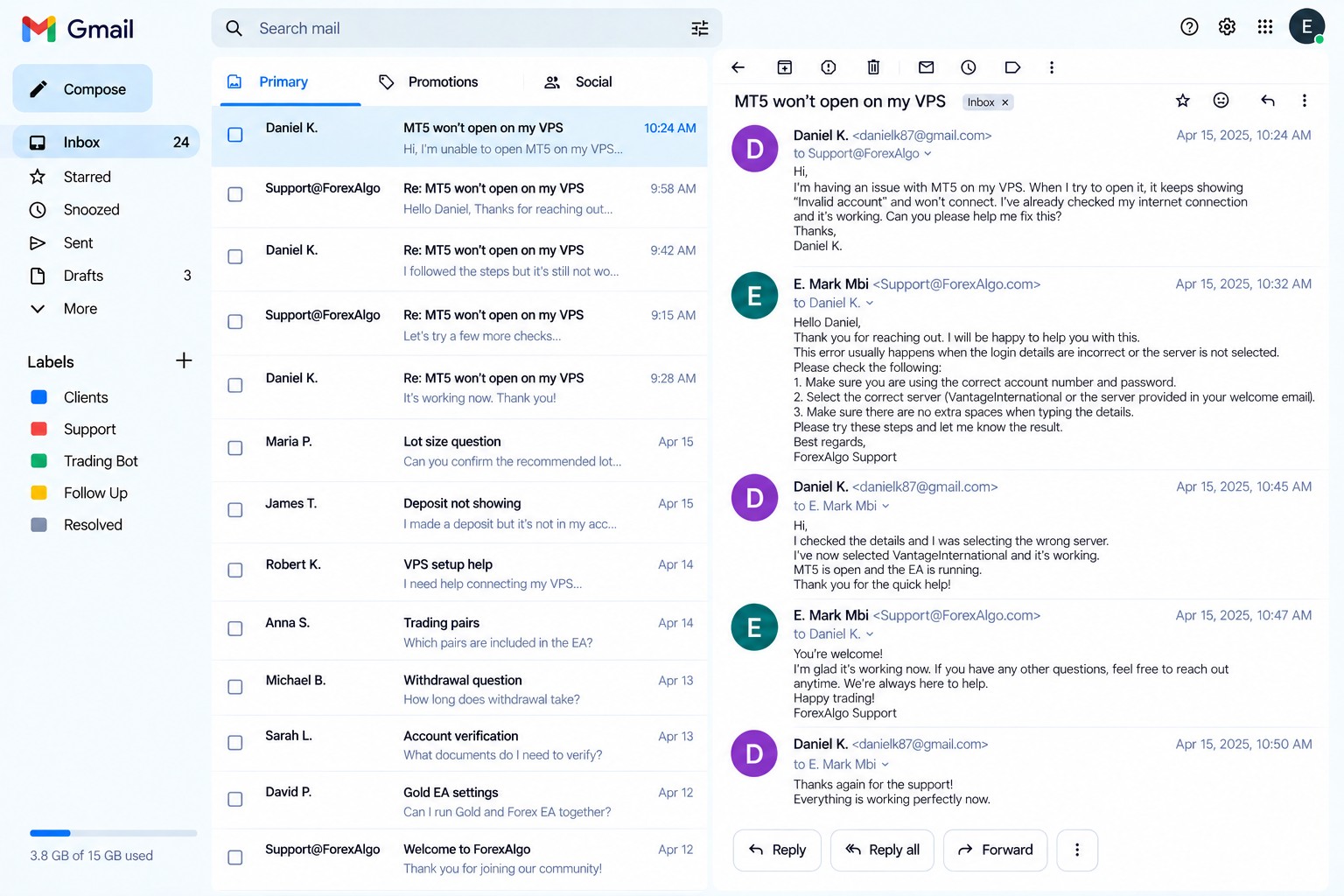 Email support conversation about an MT5 issue