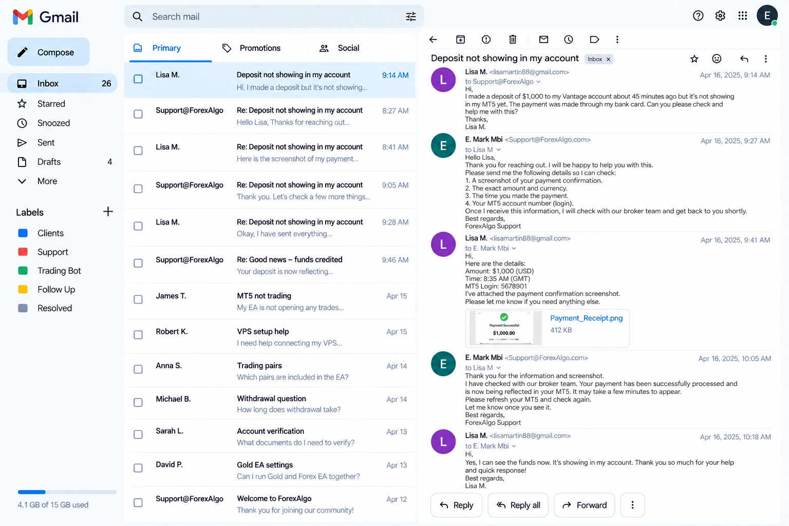 Email support conversation about a deposit issue