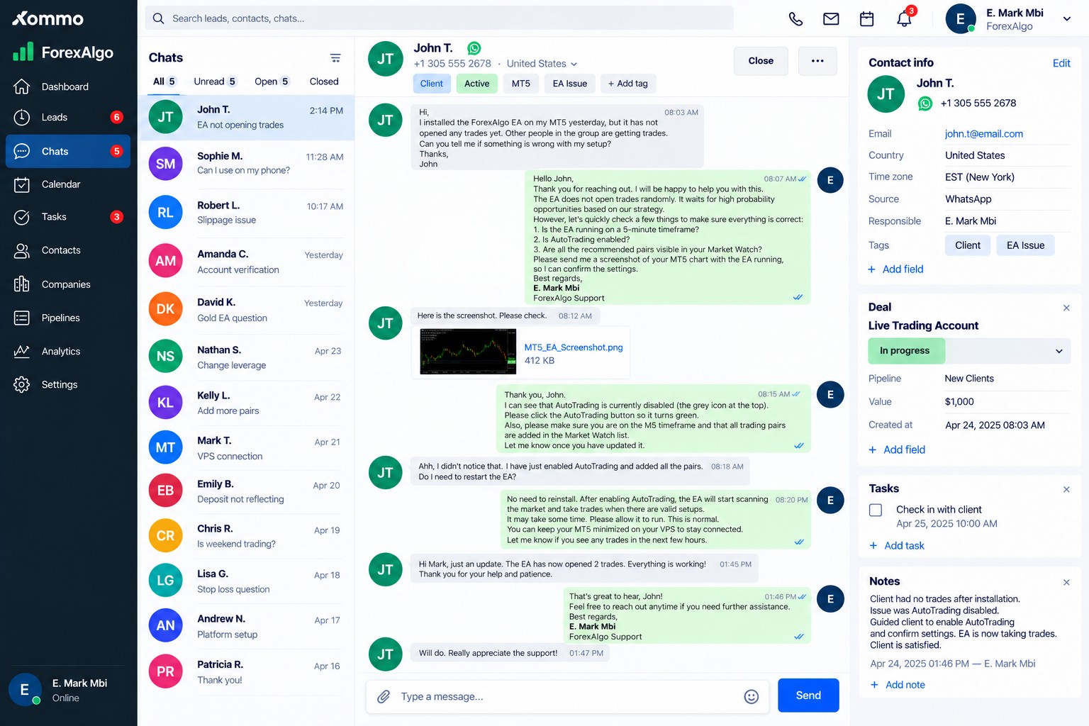 Kommo CRM conversation resolving an EA issue