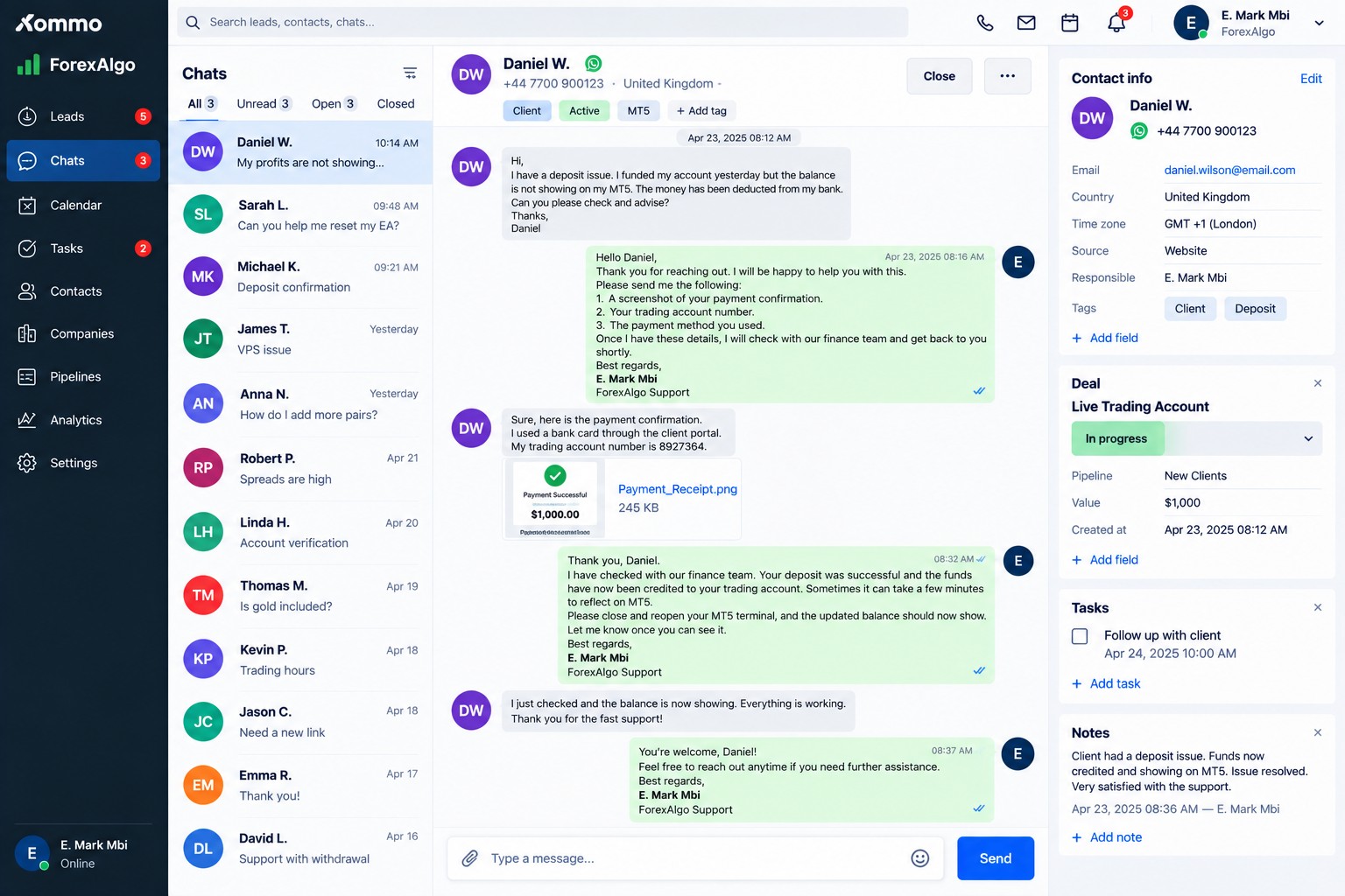 Kommo CRM conversation about a deposit issue