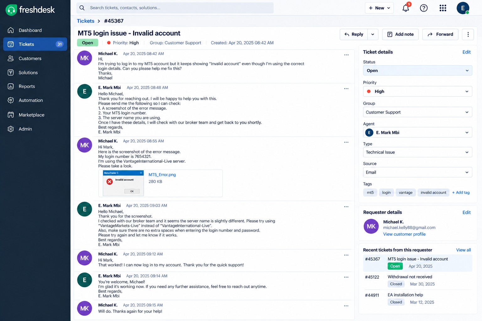 Freshdesk ticket resolving an MT5 login issue