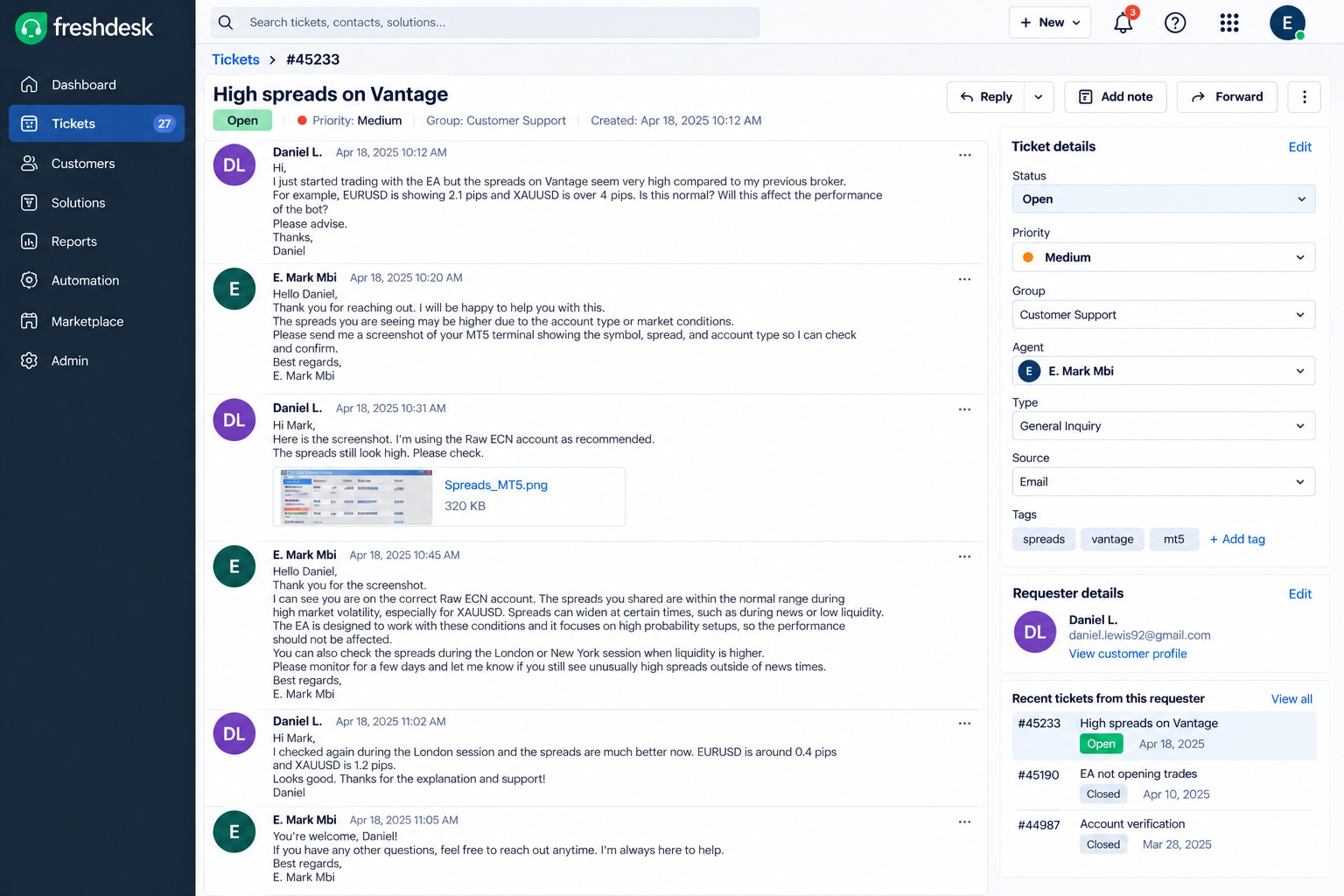 Freshdesk ticket explaining spreads