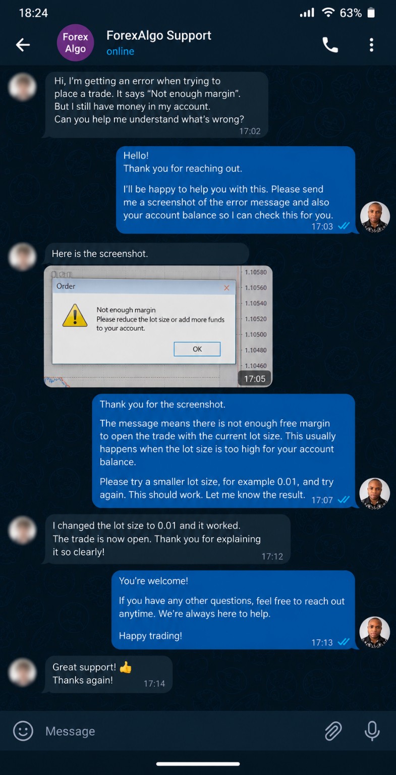 Telegram conversation explaining a margin issue