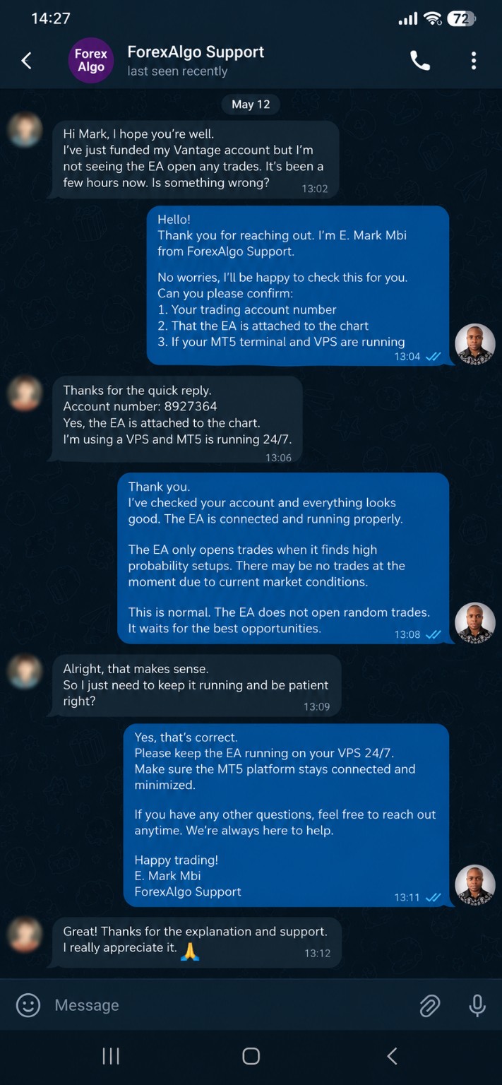 Telegram conversation explaining EA trading activity