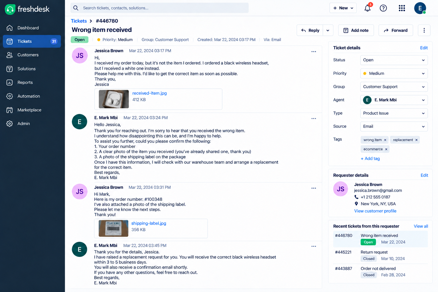 Freshdesk ticket resolving an e-commerce wrong item complaint