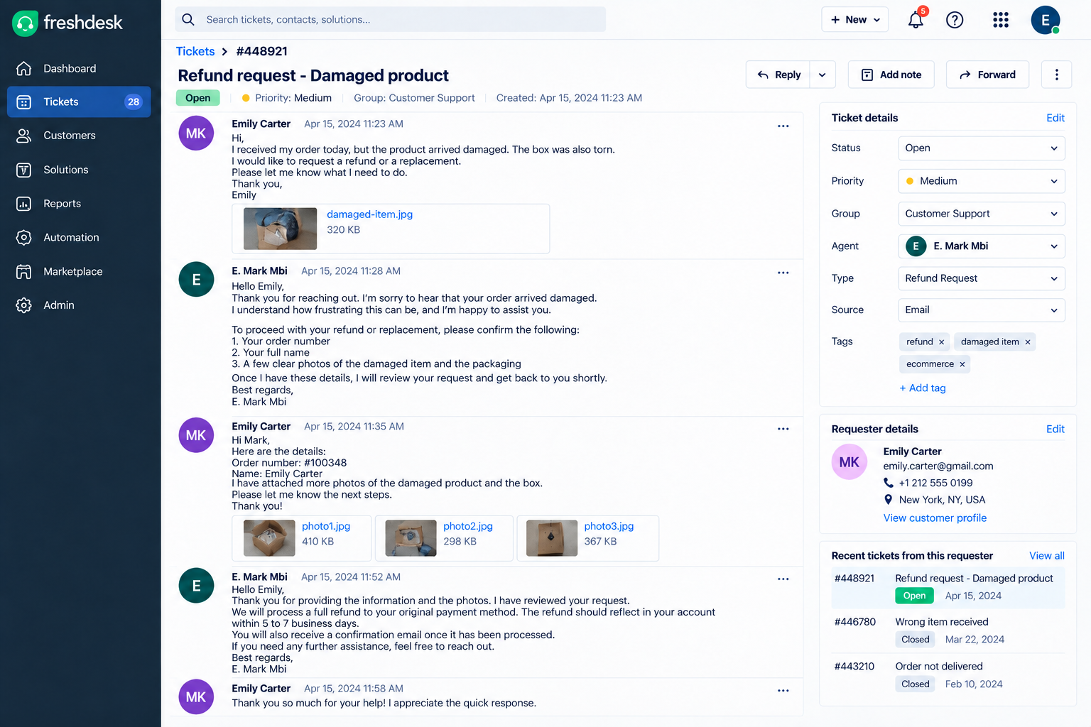 Freshdesk ticket handling a damaged product refund request
